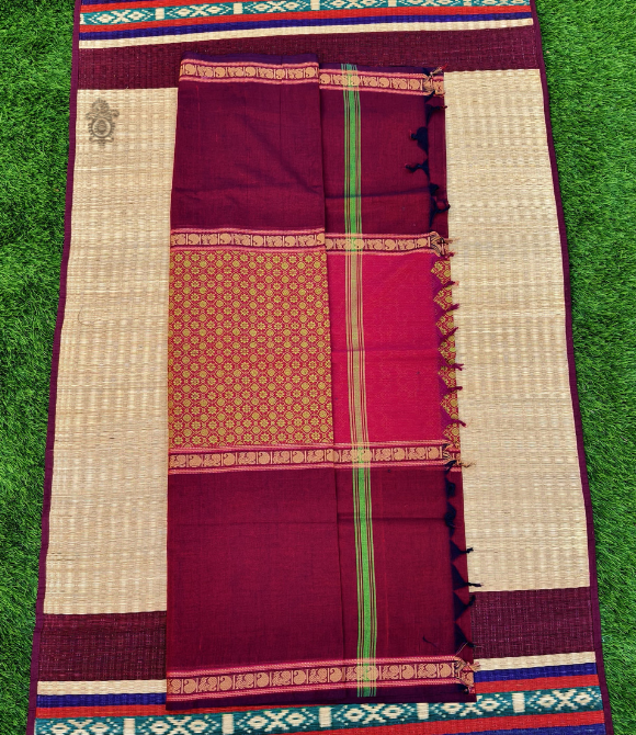Pure Cotton Chettinad Saree Olive Green Maroon